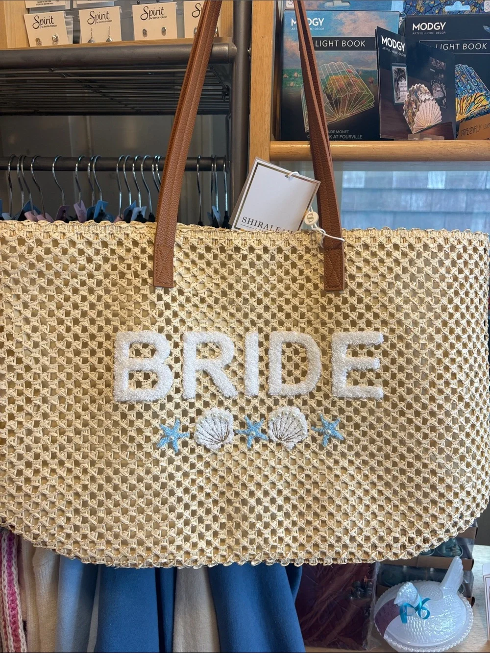 Beach Bride Straw Tote Bag with Shell Embroidery - Cream & Brown